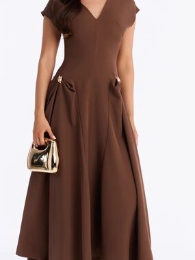 Fashion Nova Brown V-Neck Maxi Dress with Gold Accent